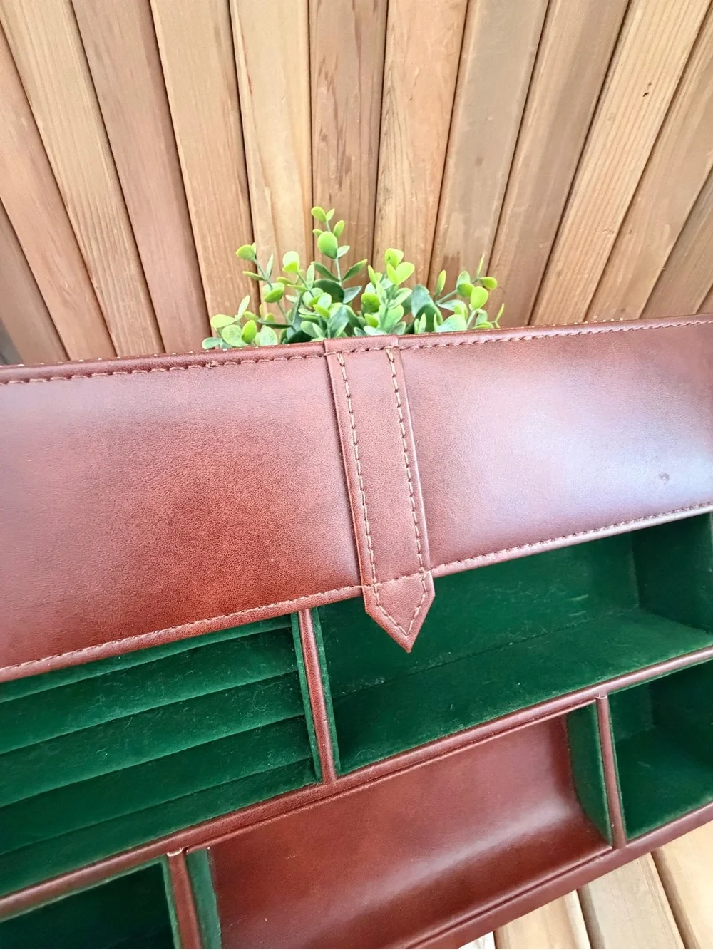 Vintage Faux Leather Valet Tray Jewelry Organizer Brown Green Flocked Interior